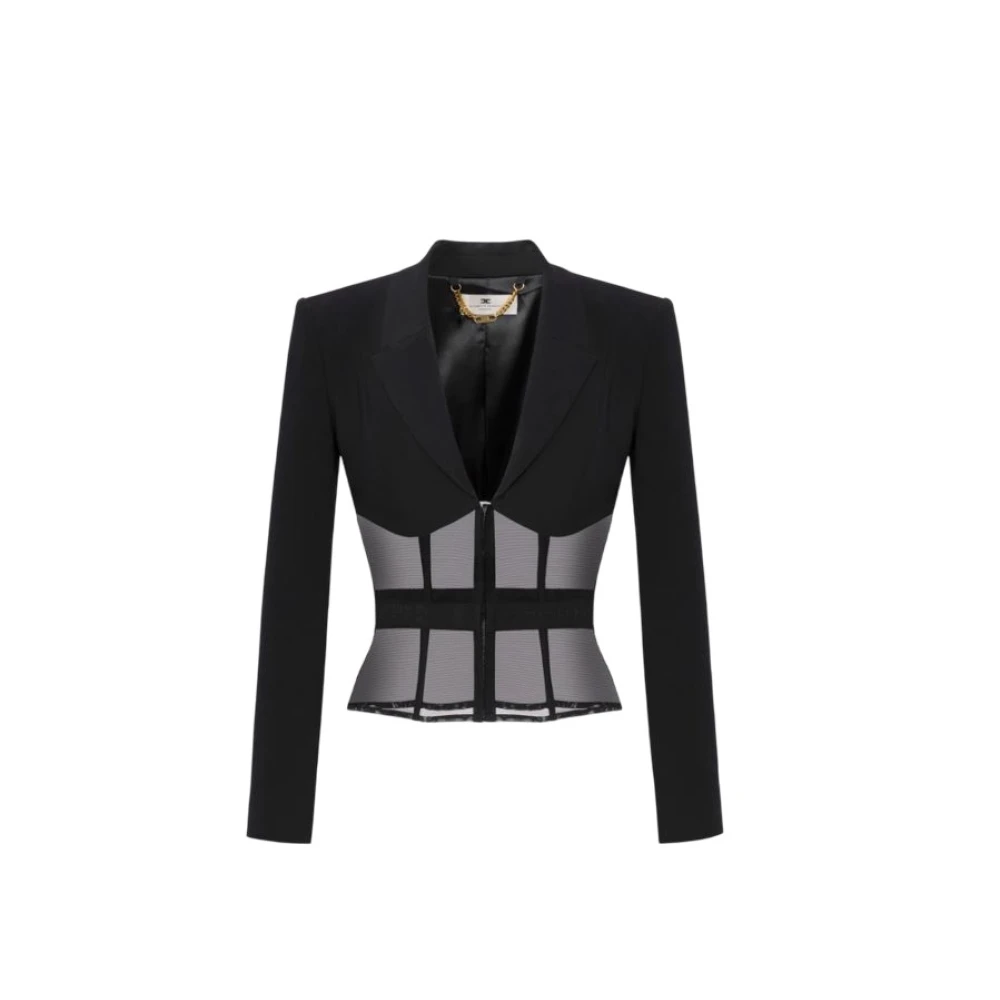 Elisabetta Franchi Elegante Zwarte Jas met Tule Inzet Black Dames