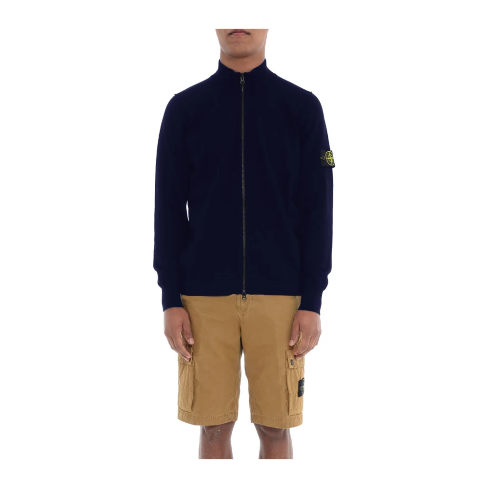 Stone Island Blauwe Zip Sweater Katoen Geribbeld Blue Heren