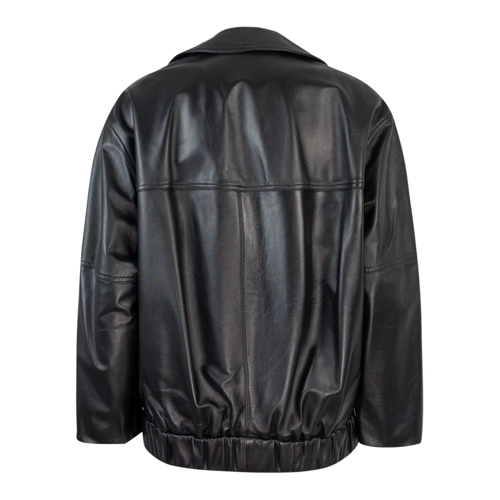 Marella Zwarte leren bomberjack met rozenpin Black Dames