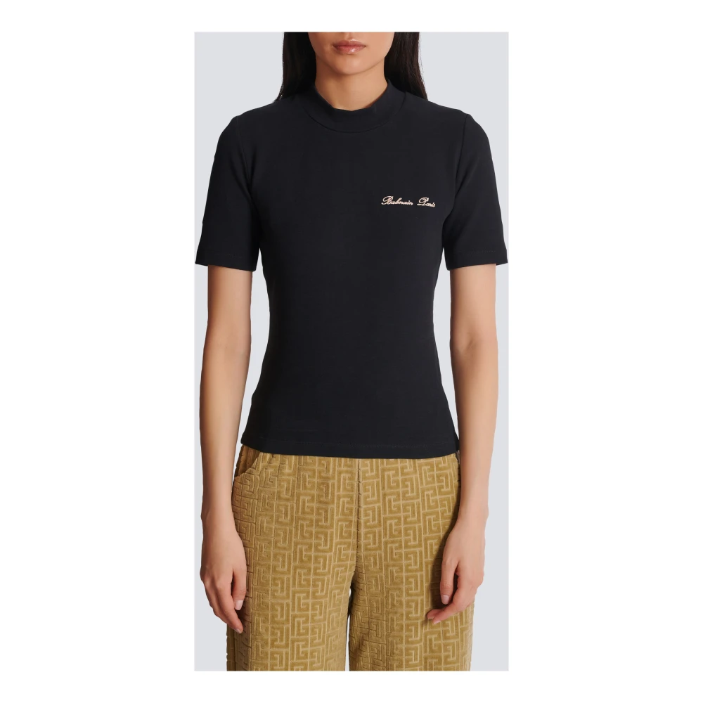 Balmain Geborduurd Signature T-shirt Black Dames
