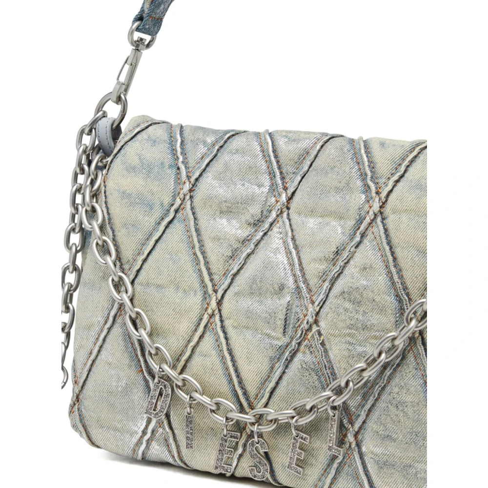 Diesel Metallic Gewatteerde Denim Schoudertas Beige Dames