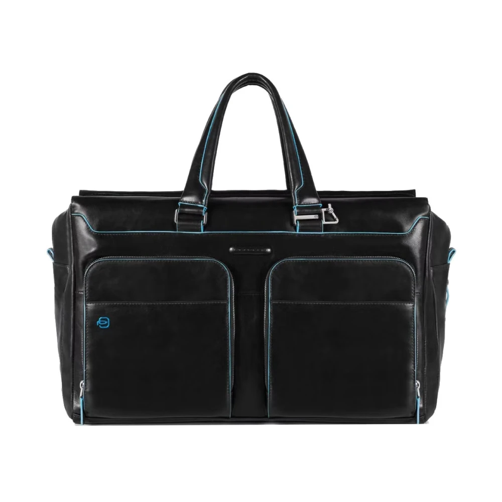 Piquadro Zwarte Leren Reistas Blauw Vierkant Black Unisex