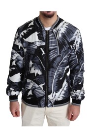 Black Silk Banana Leaf Print Bomber Jacket