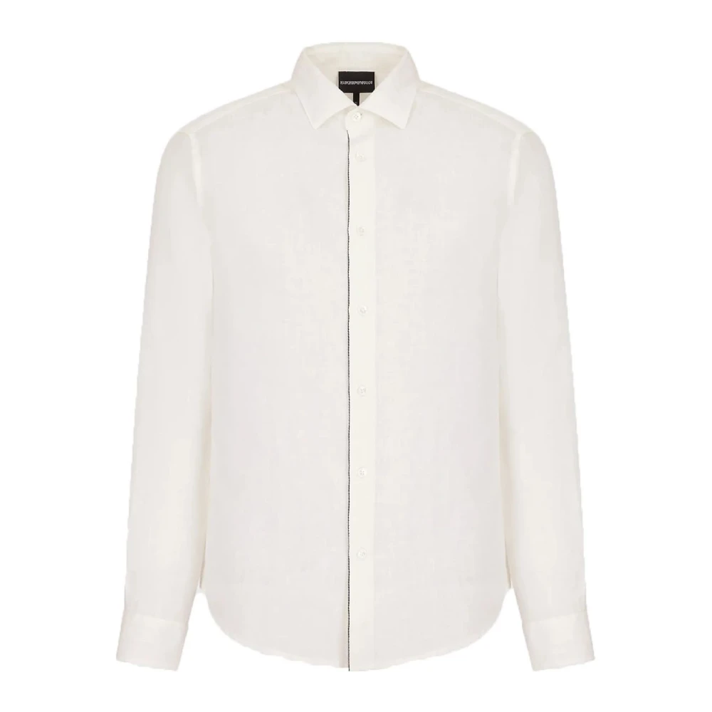 Emporio Armani Mannelijk Wit Overhemden Heren, 2XL, Linnen, Linnen Overhemd Met Contrasterend Logo