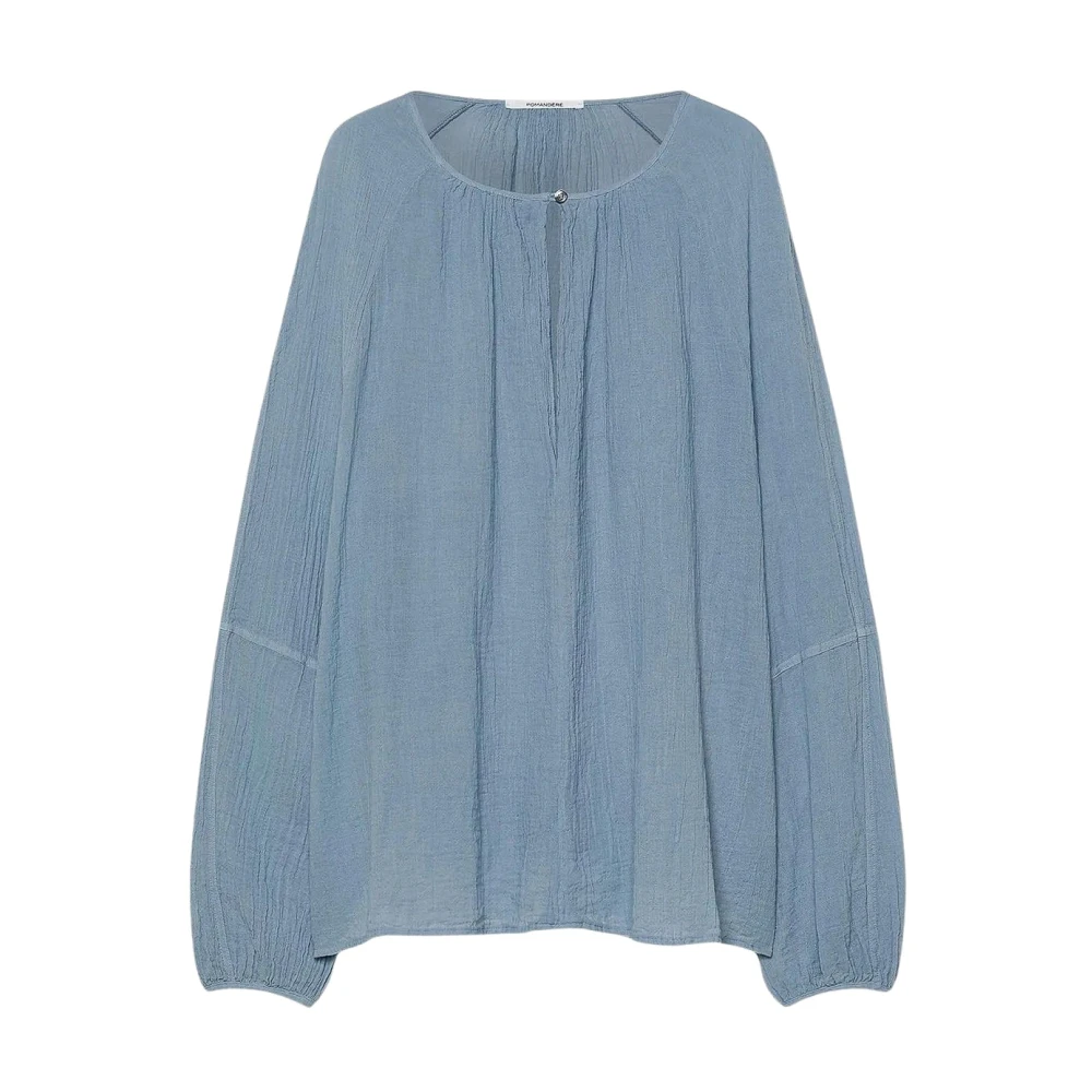 Pomandère Women's Blue Cotton Gauze Blouse With Gathered Neck - Blouses - 2XS - Blouses & Shirts
