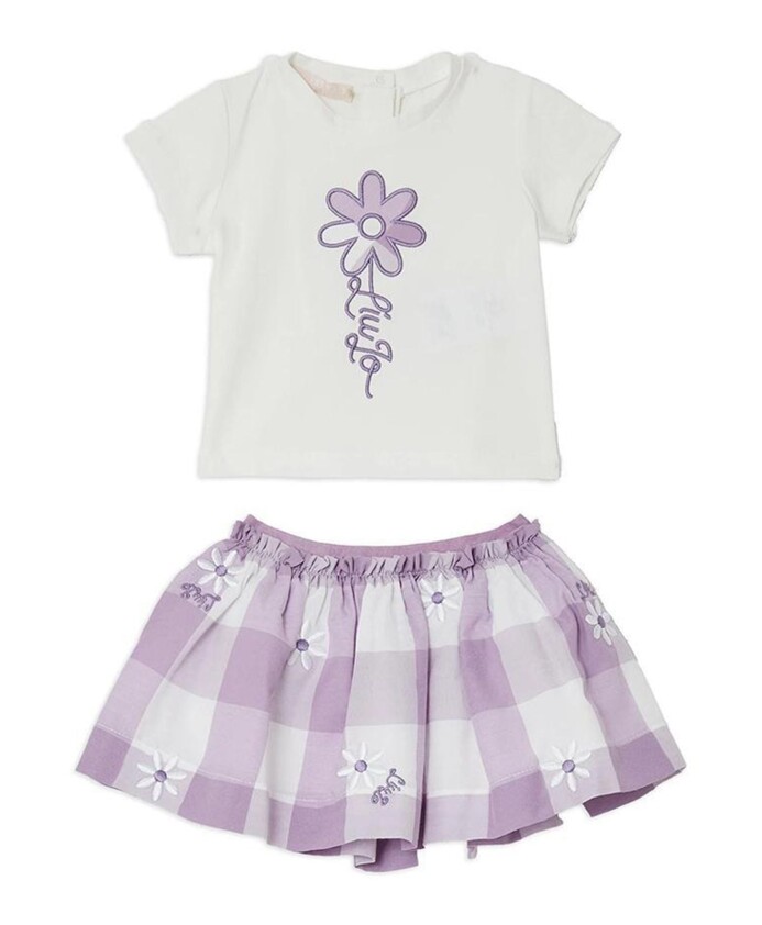 floral-t-shirt-and-checkered-skirt-set