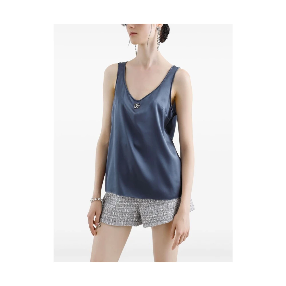 Dolce & Gabbana Blauw-Grijs Dartdetailing Ronde Hals Top Blue Dames