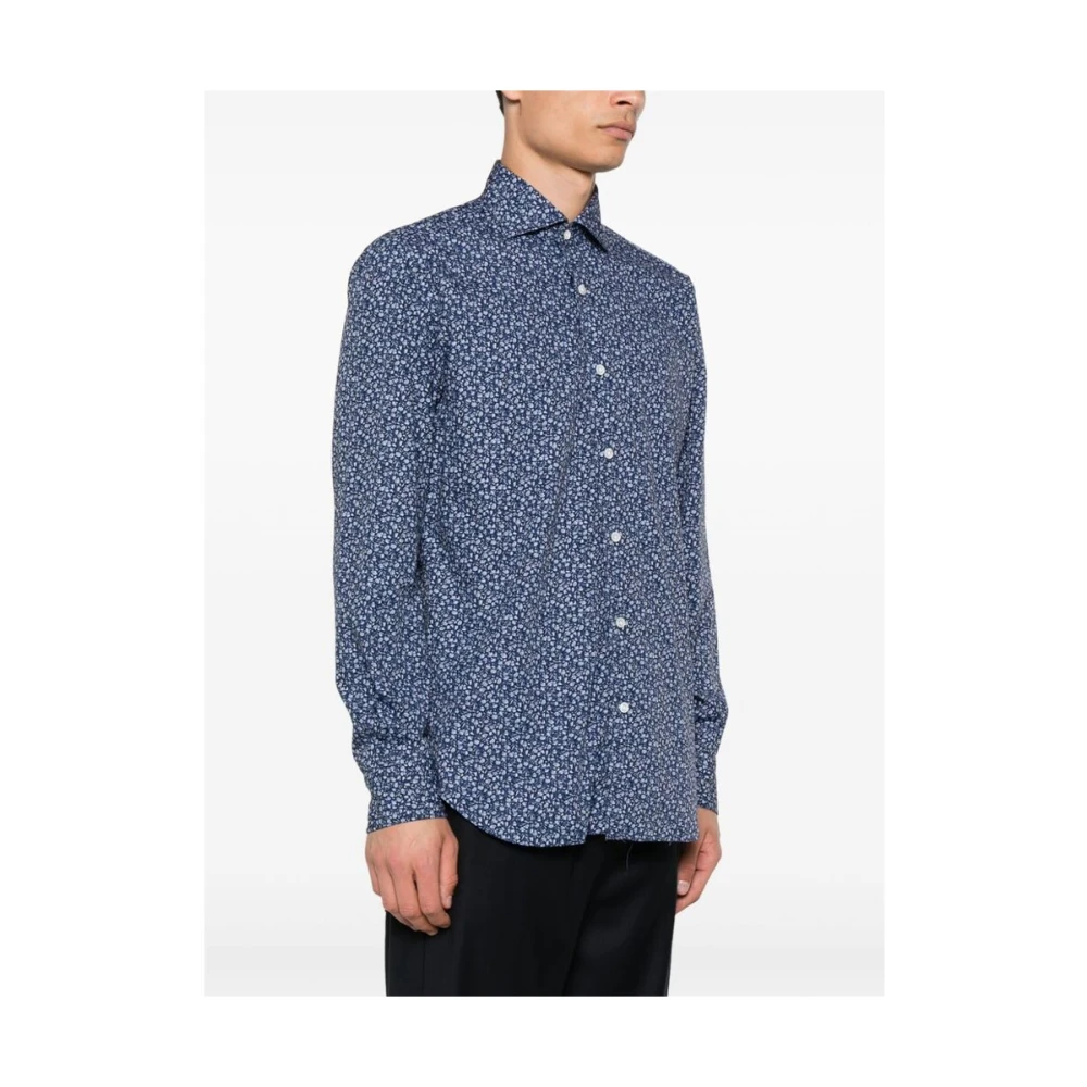 Barba Blauw Bloemenprint Katoenen Overhemd Blue Heren