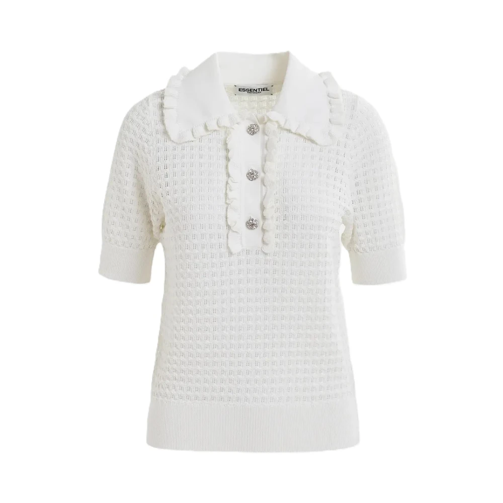 Essentiel Antwerp Gebreide Trui met Geribbelde Kraag en Strass Knopen White Dames