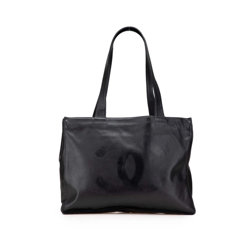 Chanel Vintage Damen Schwarz Gebrauchte Elegante Leder-Tote-Tasche Mit Bequemen Trägern Für Den Täglichen Bedarf
