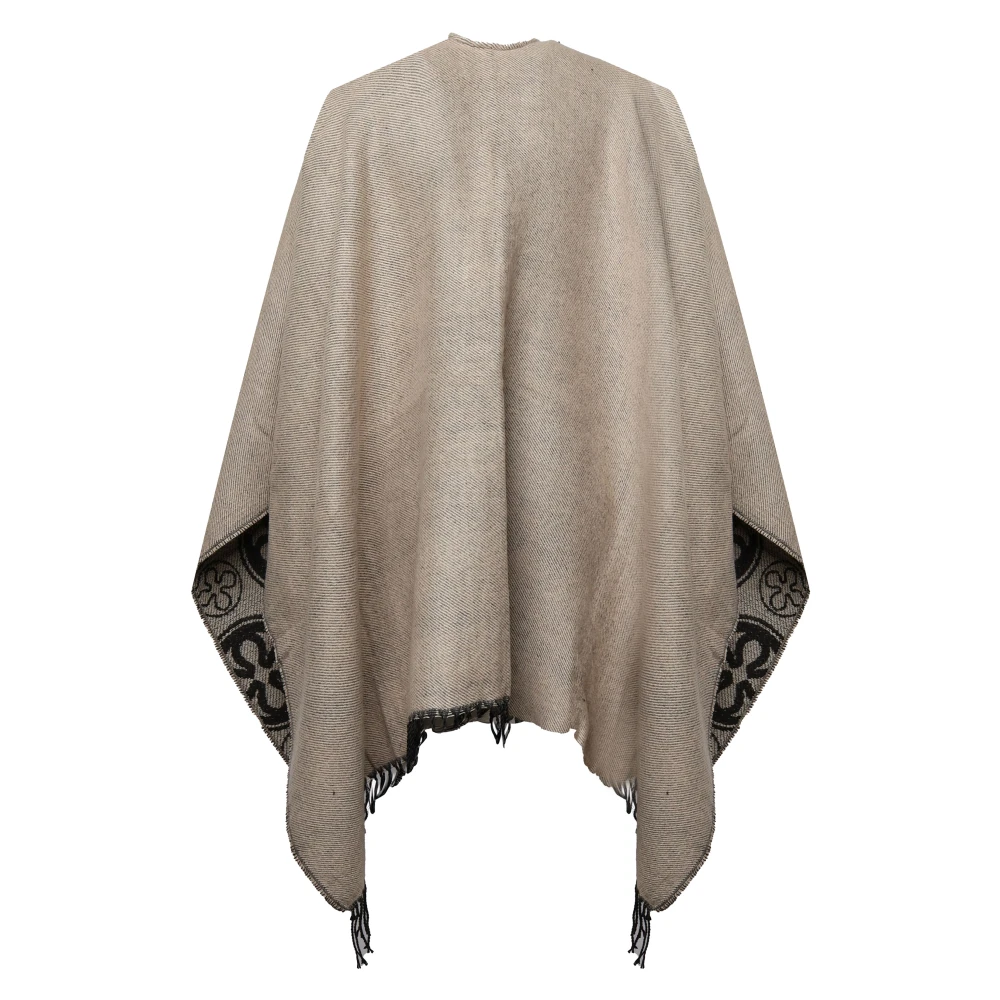 V73 Omkeerbare Beige Jacquard Cape met Franje Beige Dames
