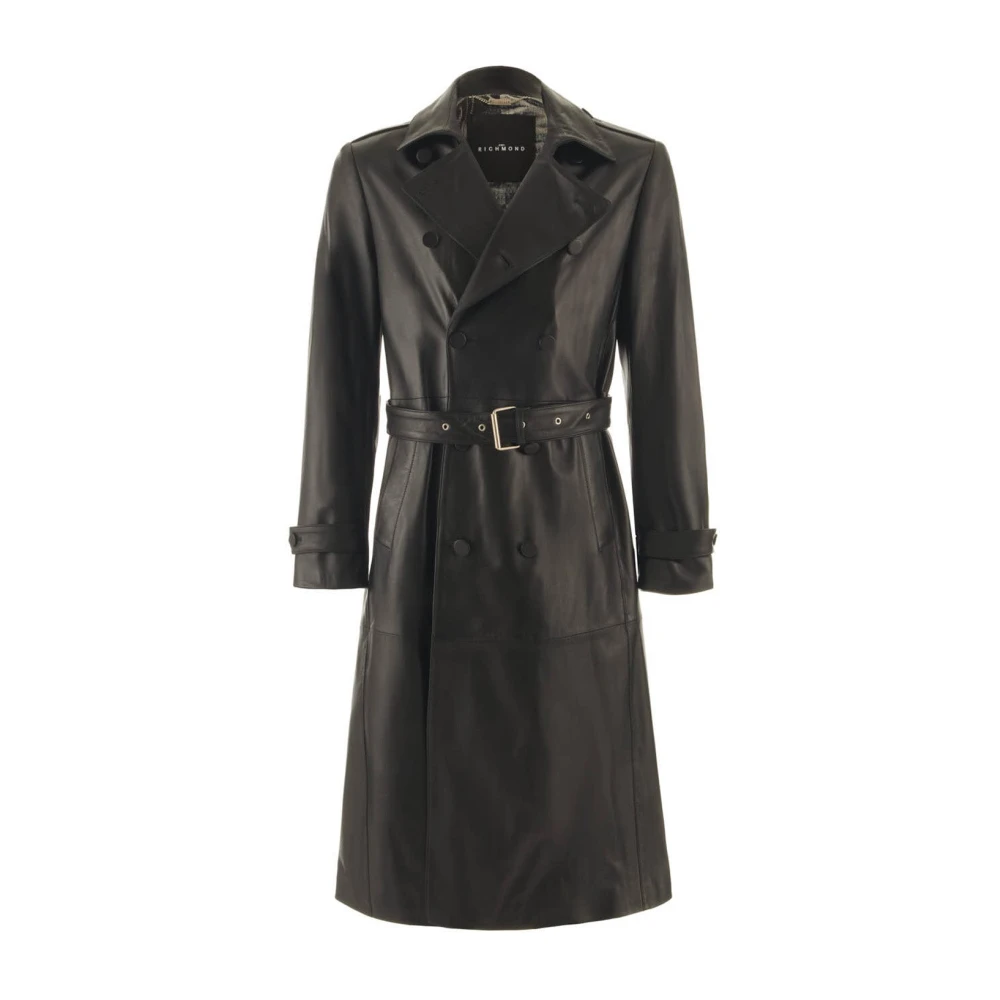 John Richmond Lång dubbelknäppt trenchcoat Black, Herr