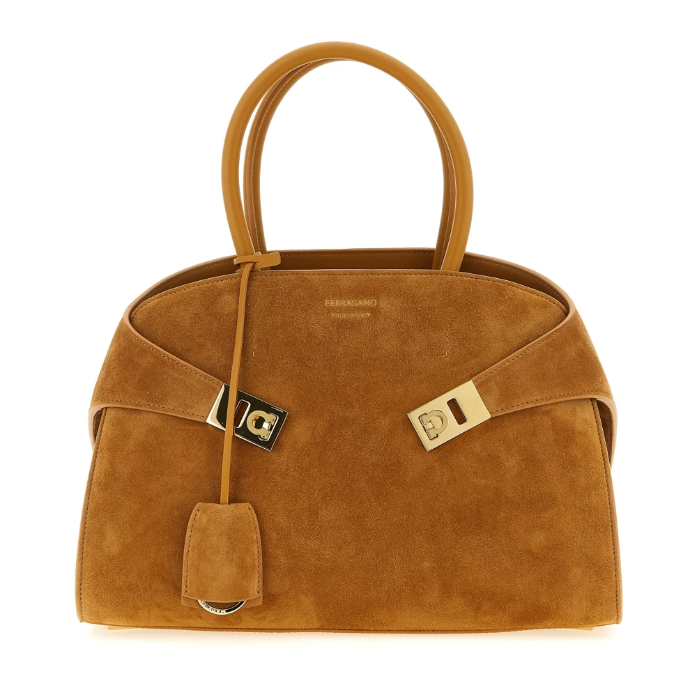 Ferragamo Women's Brown Handbags, One Size, Hug Small Suede Top Handle Bag