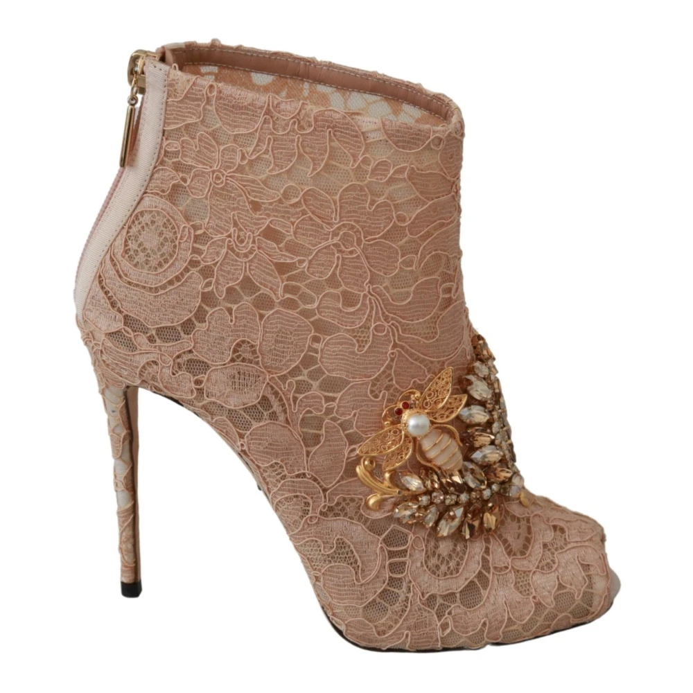 Dolce & Gabbana Women's Pink Heeled Boots, 3 Uk, Crystal Lace Stiletto Booties
