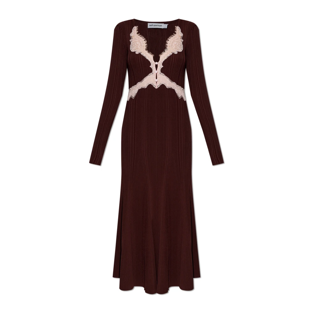 Self Portrait Women's Brown Dress With Lace Inserts - Midi Dresses - L - Dresses