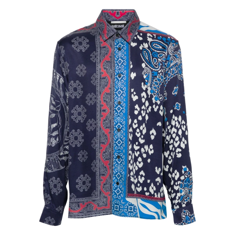 Just Cavalli Blauwe Viscose Overhemd met Lange Mouwen Multicolor Heren