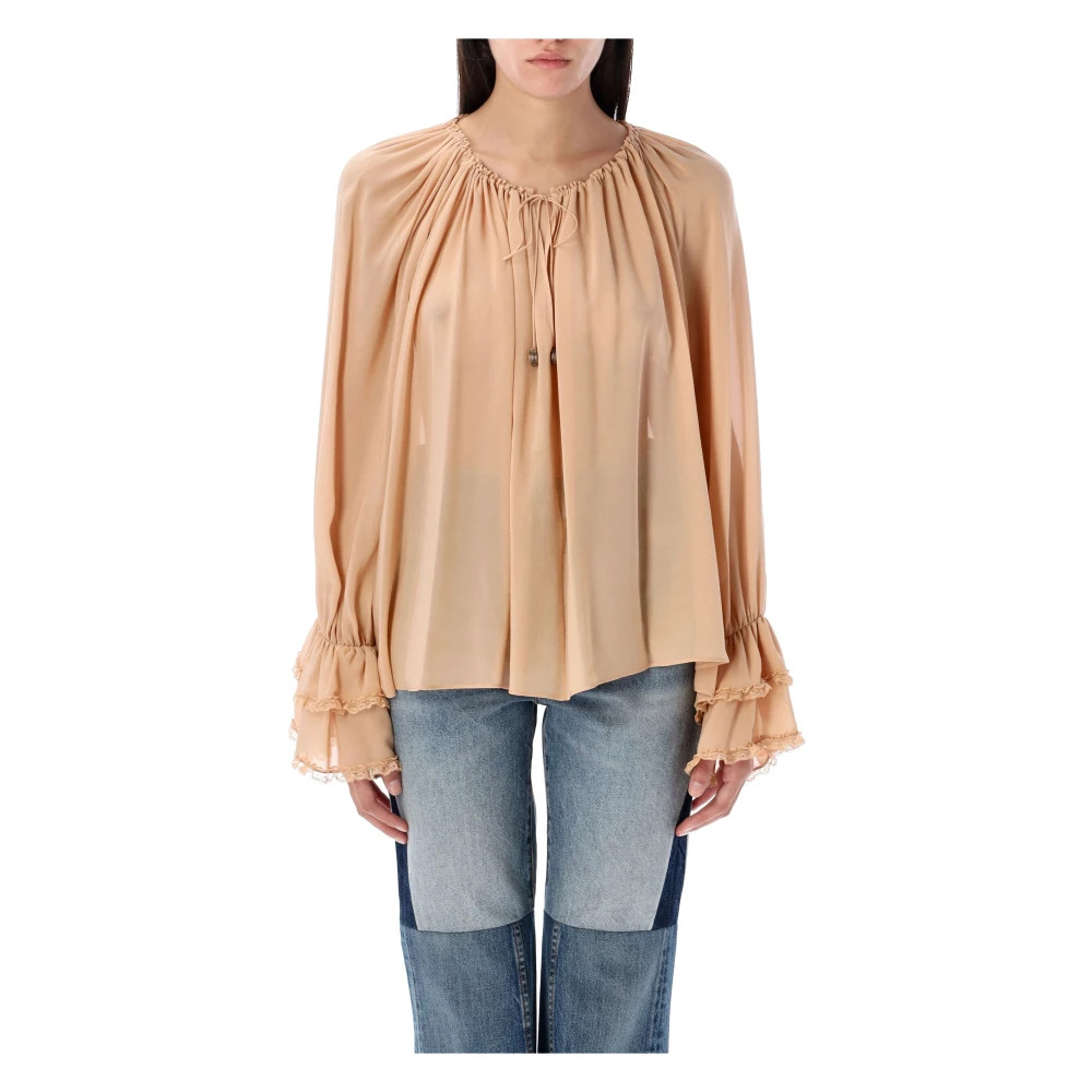 Chloé Zijden V-hals Gerimpelde Manchetten Top Beige Dames
