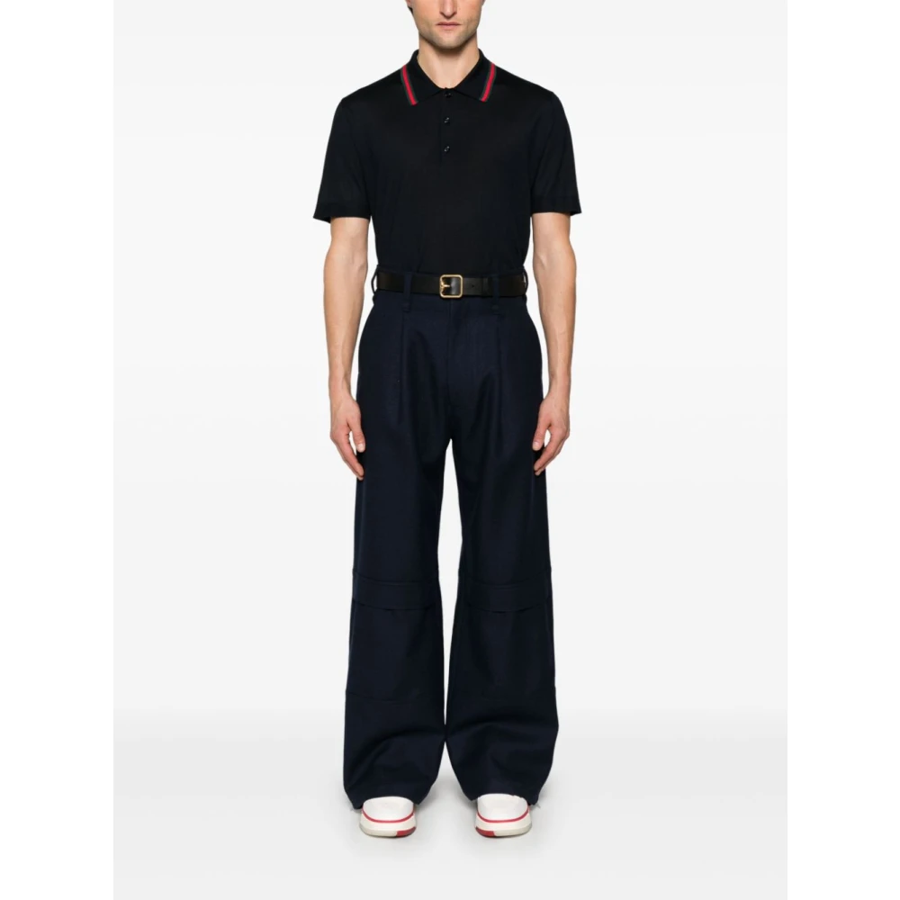 Gucci Blauwe Wollen Polo Shirt met Web Kraag Black Heren