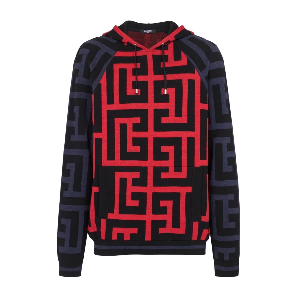 Balmain Monogram Multifärgad Ull Linne Hoodie Multicolor, Herr