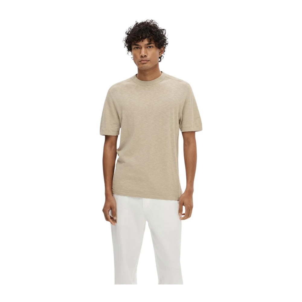 SELECTED HOMME Heren Polo's & T-shirts Slhberg Linen Ss Knit Tee Noos Beige