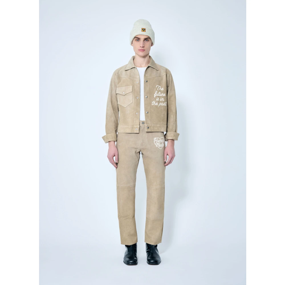 Human Made Logo Print Suède Broek Beige Heren