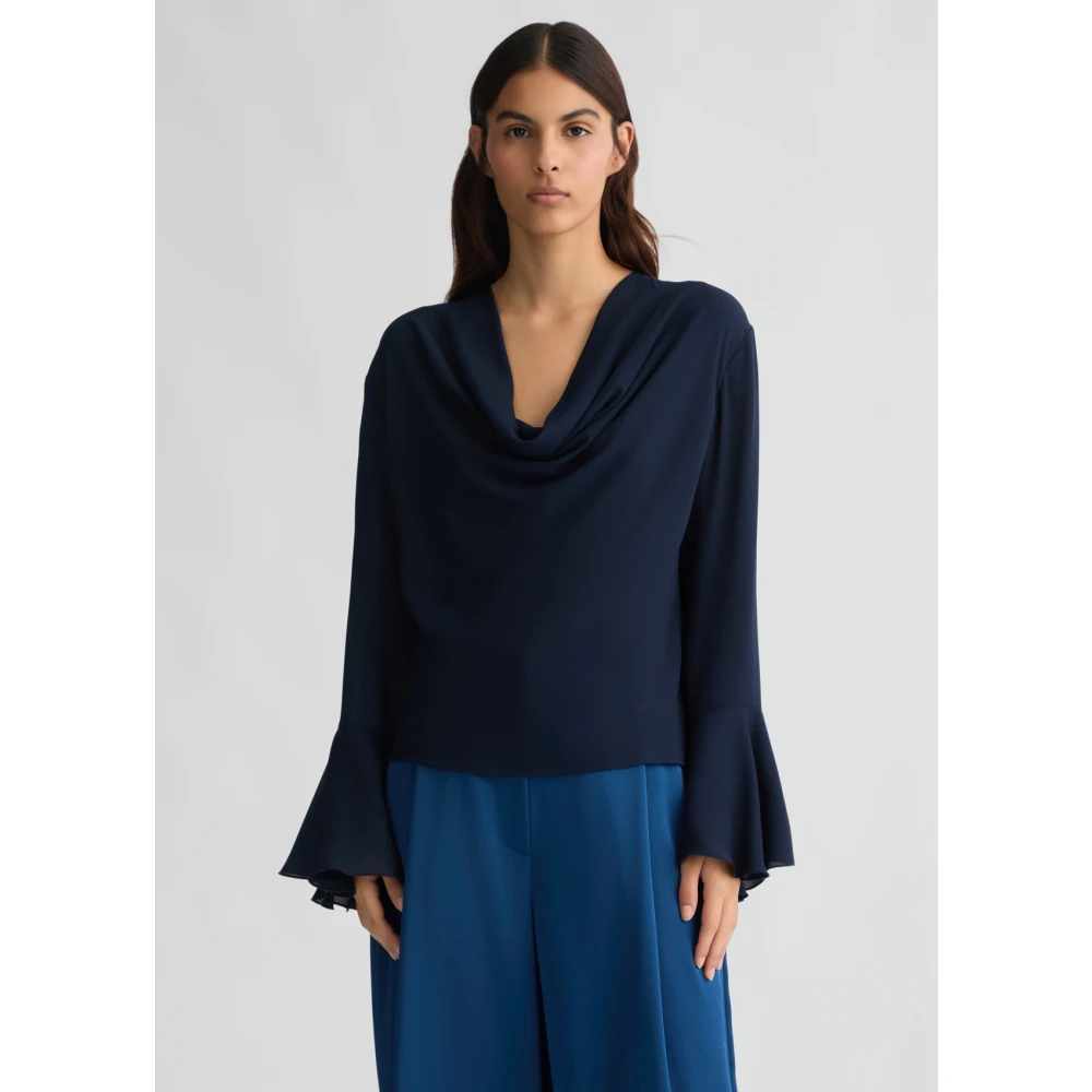 Liu Jo Blauwe Georgette Blouse V-Hals Ruches Blue Dames
