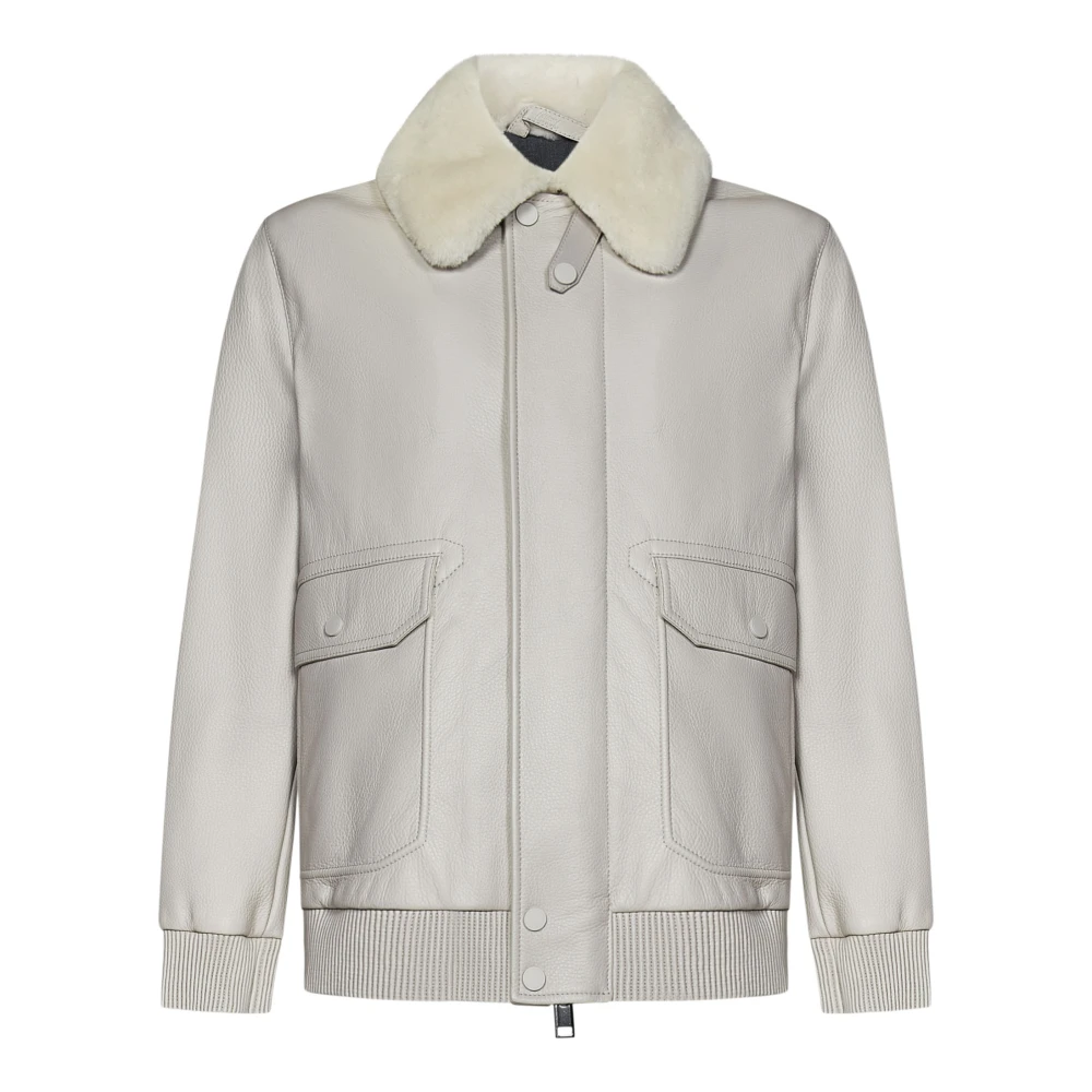 Brioni Grijze Leren Shearling Kraag Jas Gray Heren