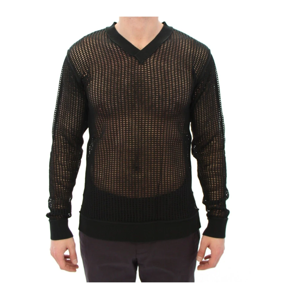 Dolce & Gabbana Men's Black V-Neck Knit Sweater With Perforated Logo Details