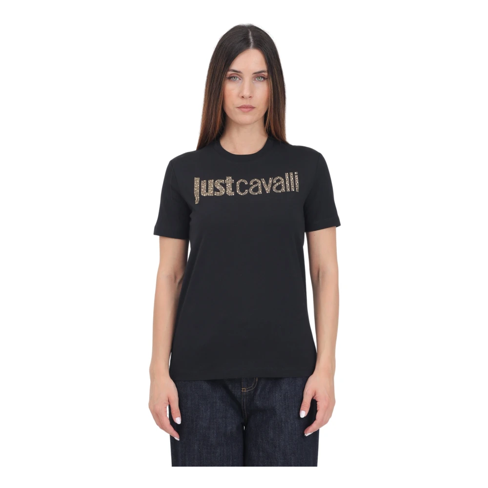 Just Cavalli Zwart Rhinestone Logo T-shirt Black Dames