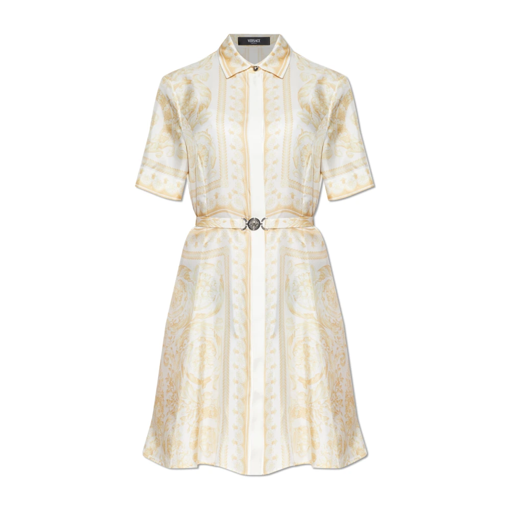 Versace Women's Beige Printed Silk Twill Midi Shirt Dress