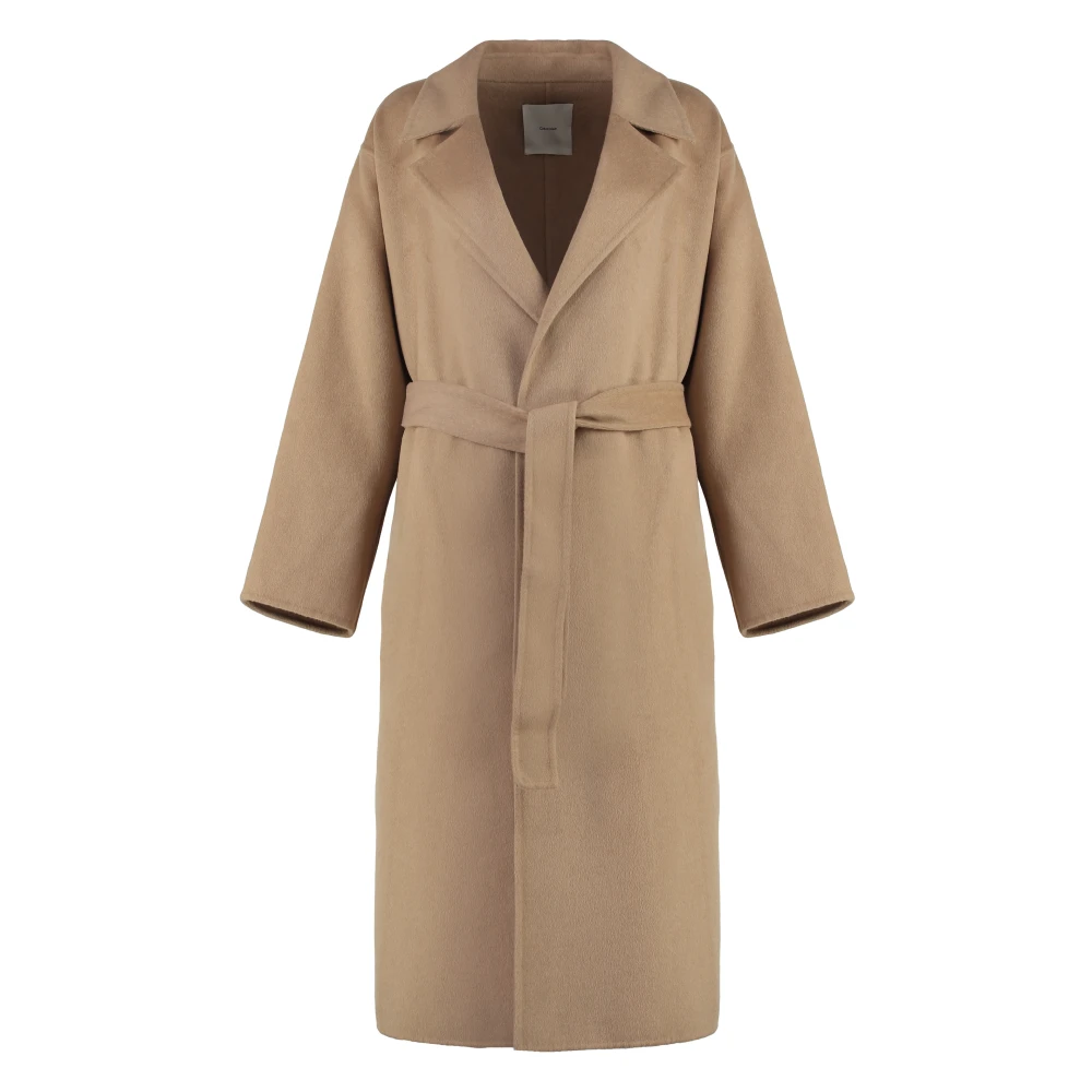 Calvin Klein Lange Wollen Jas Revers Riem Beige Dames