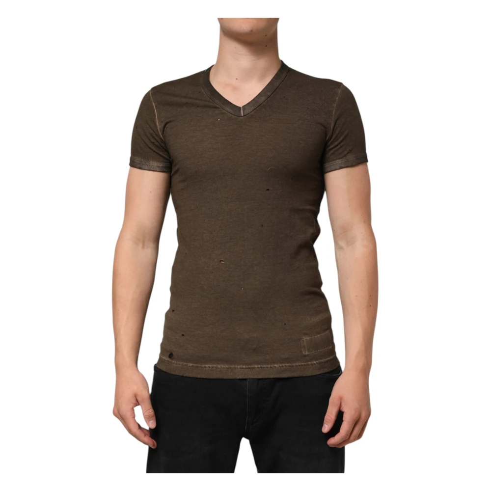Dolce & Gabbana Dark Brown Cotton Tattered Logo Men T-shirt - IT44 | XS - Image 2