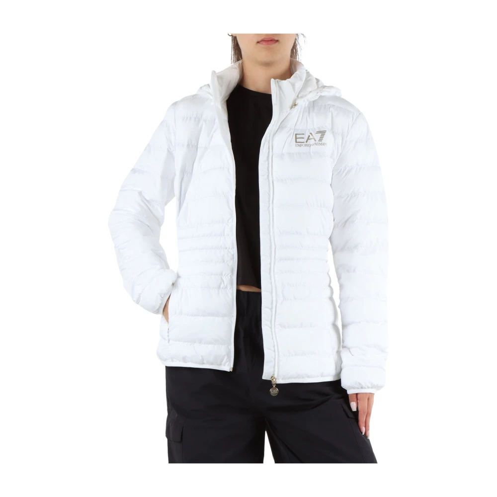 Emporio Armani EA7 Gewatteerde hoodie met logoprint White Dames