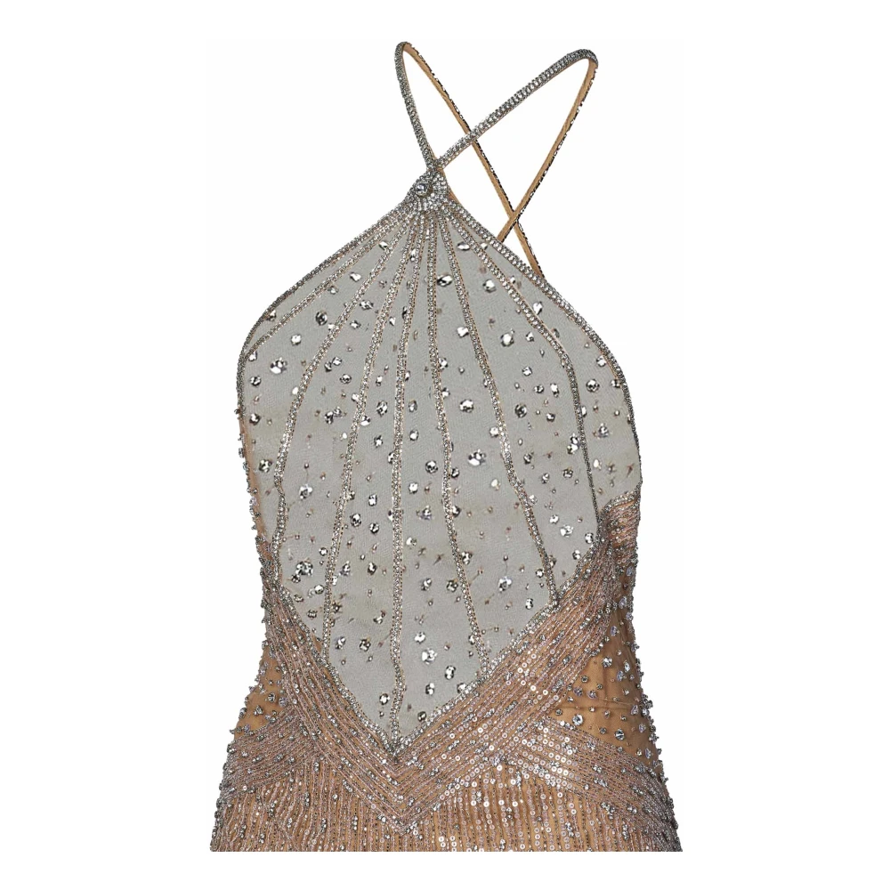 Amen Kristal Geborduurde Maxi Tule Jurk Beige Dames
