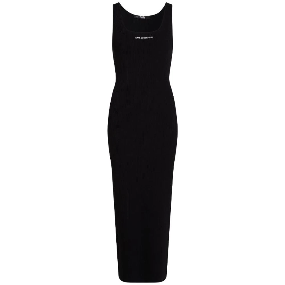 Karl Lagerfeld Zwart Lang Strap Jurk Logo Borst Black Dames