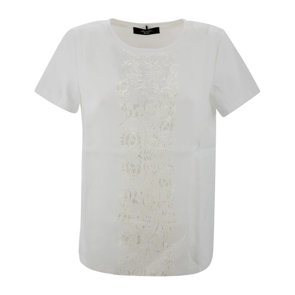 Max Mara Weekend Broderad Linne T-shirt med Jerseyinsats White, Dam