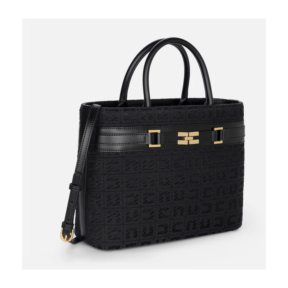 Elisabetta Franchi Zwarte Jacquard Shopper Tas met Gouden Details Black Dames