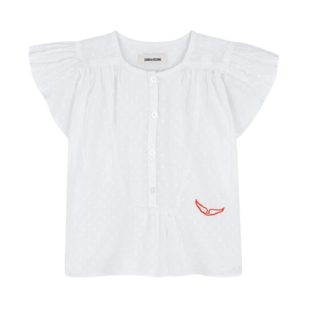 Zadig & Voltaire Girls White Kids Short Sleeve T-Shirts, 6 Y, Blusa Con Ruches