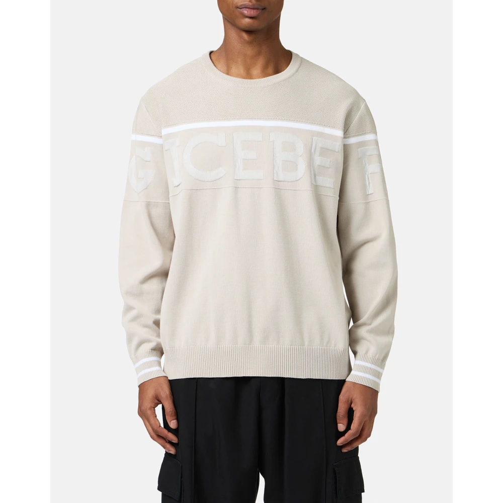 Iceberg Ijskleurige crewneck sweater in Mak� katoen met tweekleurig jacquardwerk Beige Heren