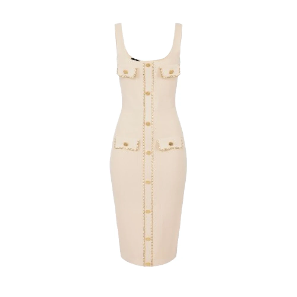 Elisabetta Franchi Crème Midi Jurk met Gouden Knopen Beige Dames