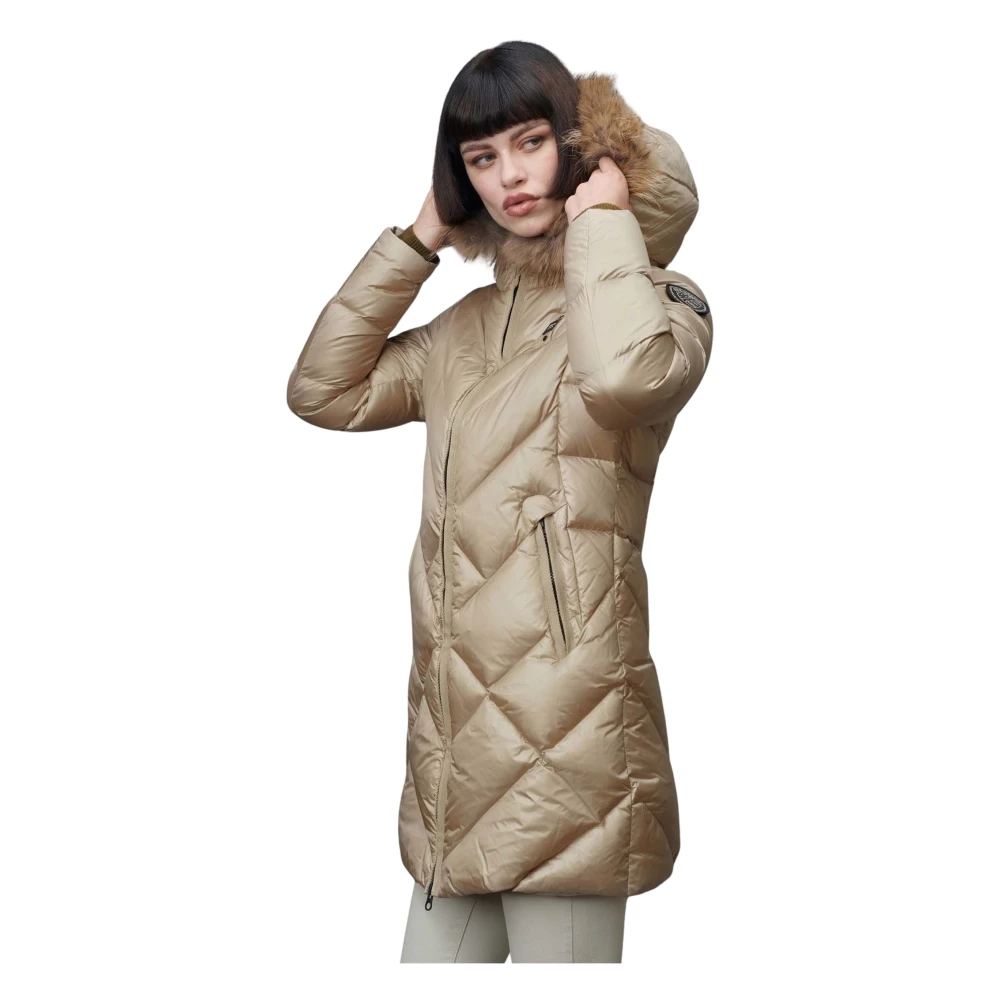 Blauer Geometrisch Gewatteerd Lang Donsjack Beige Dames