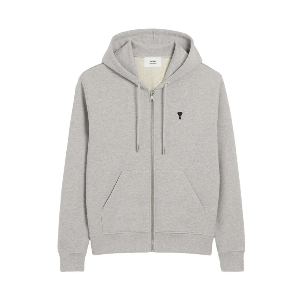 Ami Paris Men's Gray Zip-Throughs, 2XL, Contrasted Ami De Coeur Hoodie