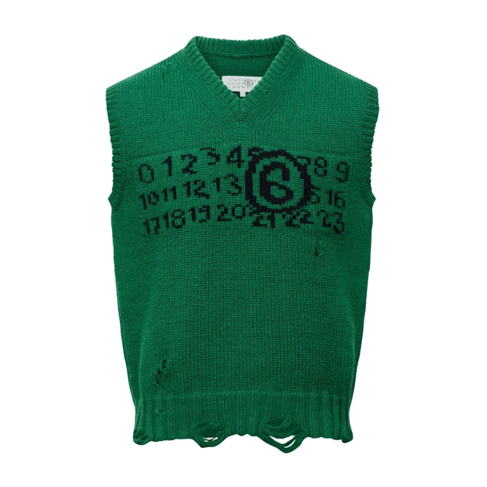MM6 Maison Margiela Groene Ribgebreide V-hals Mouwloze Jas Green