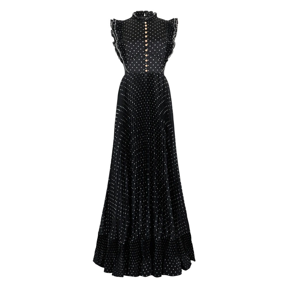 Self Portrait Women's Black Gowns, 2XL, Polka Dot Frill Maxi Dress