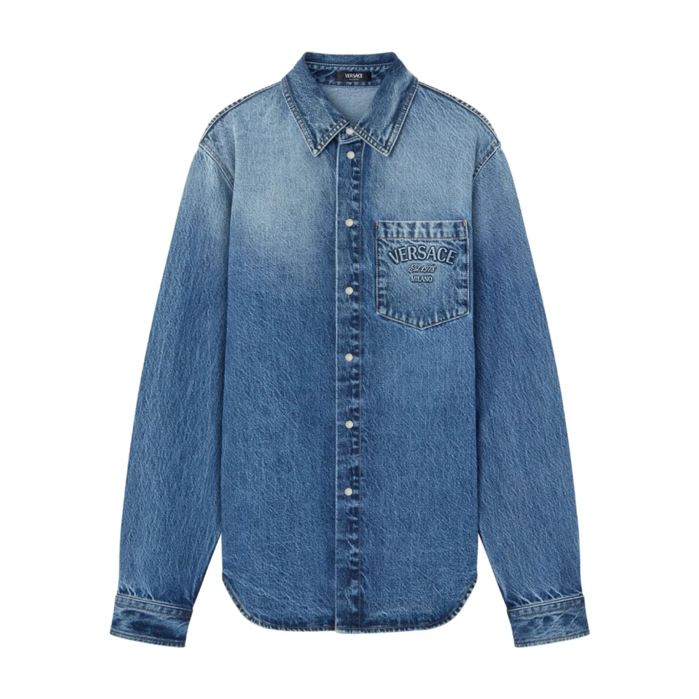 Versace Denim Logo Geëtst Shirt Blue Heren