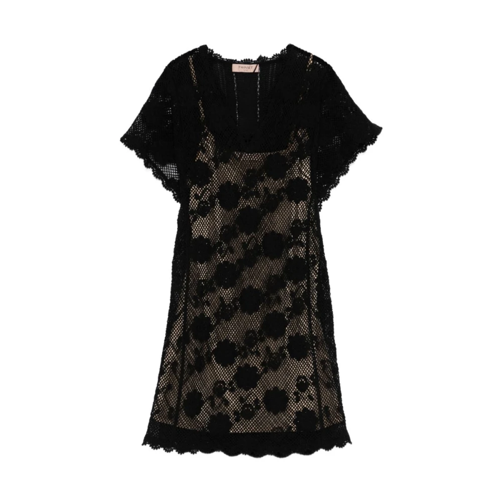 Twinset Vrouw Zwart Kleedjes Dames, S, Floral-Appliqué Lace Dress