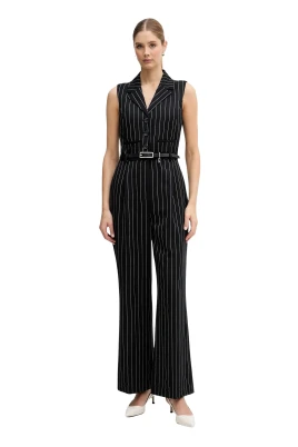 Sleeveless Pinstripe Belted Jumpsuit