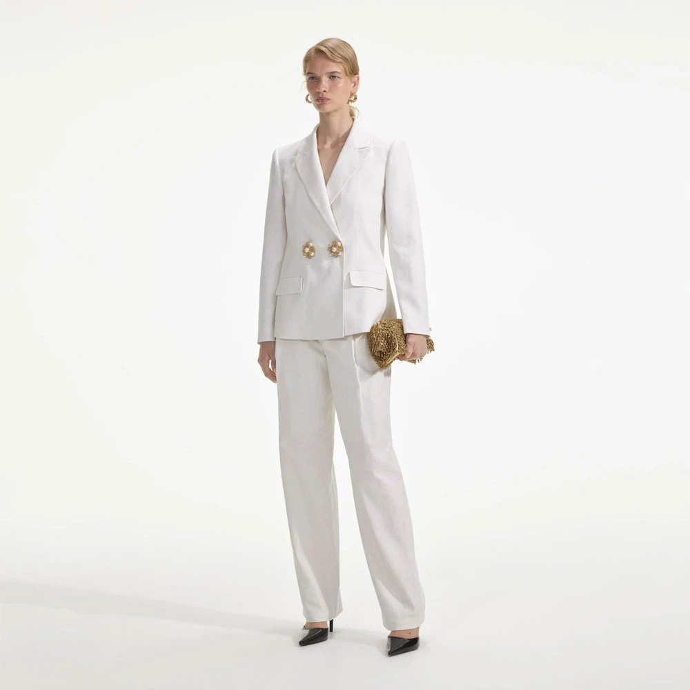 Self Portrait Linnen Broek Tailored Fit Wit White Dames