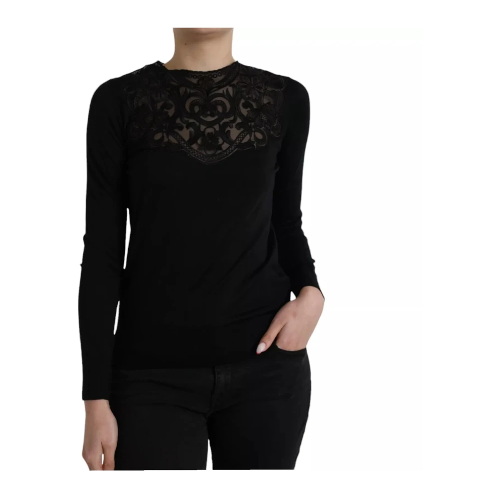 Dolce & Gabbana Vrouw Zwart Tops Dames, S, Zijden Kant Blouse Top