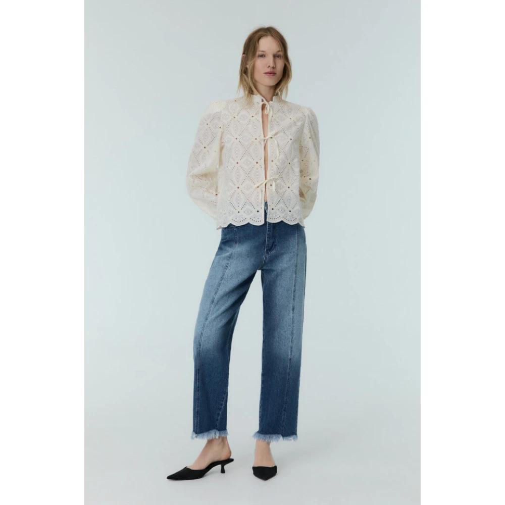 The New Society Blouse met geborduurde voile en pofmouwen Beige Dames